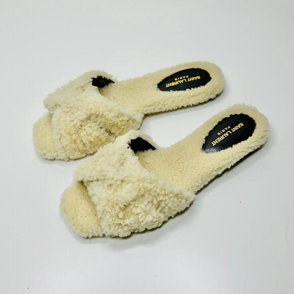 NIB Saint Laurent YSL Tribute 36.5 US 6.5 Slip On Flat Sandals Beige Shearling - Picture 5 of 8